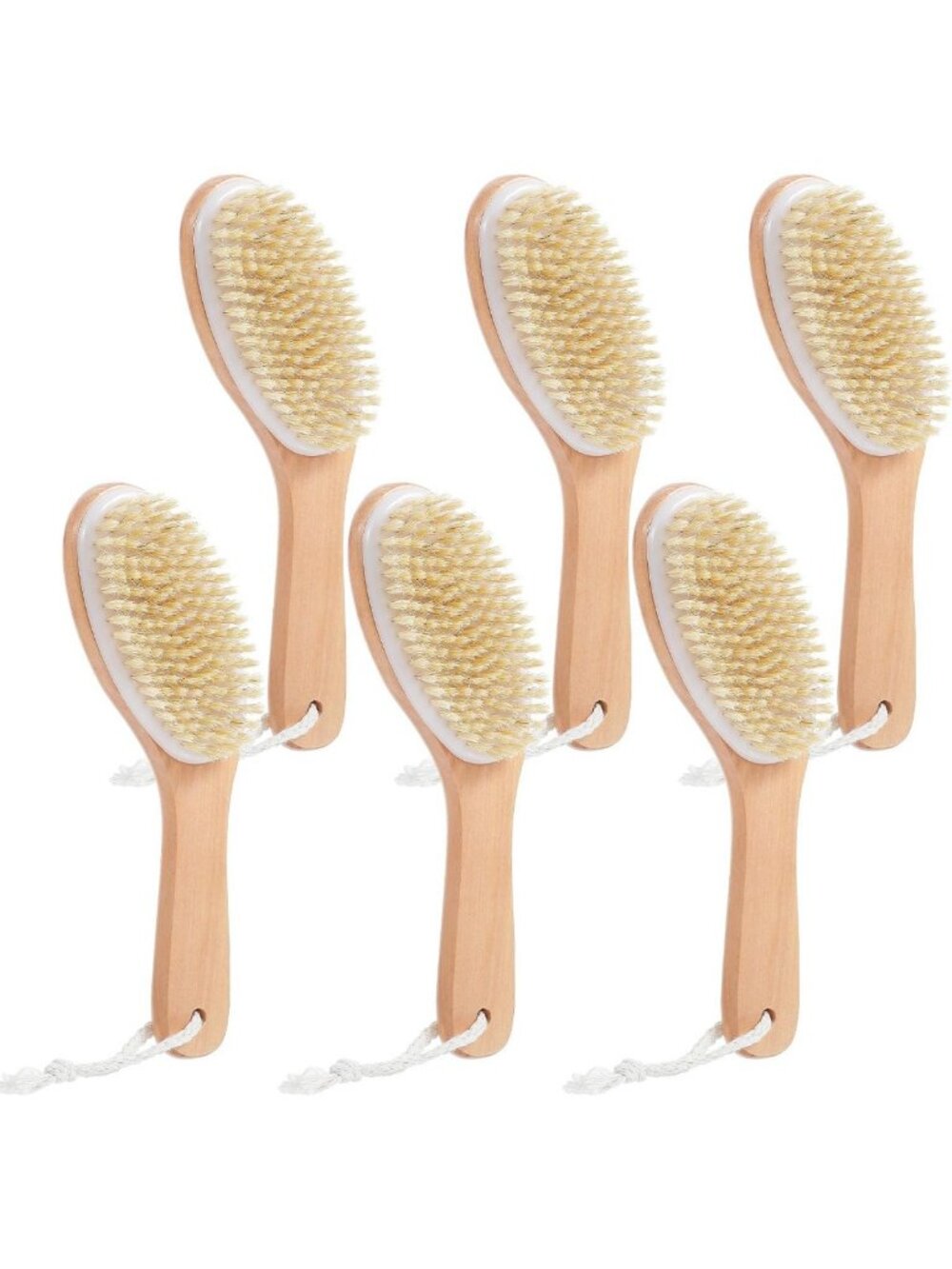 6 Pcs Natural Bristle Dry Body Brush Set with Wooden Handle for Exfoliating Skin